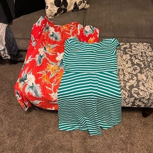Kelley green and white striped top of the knee dress and a red tropical cardi